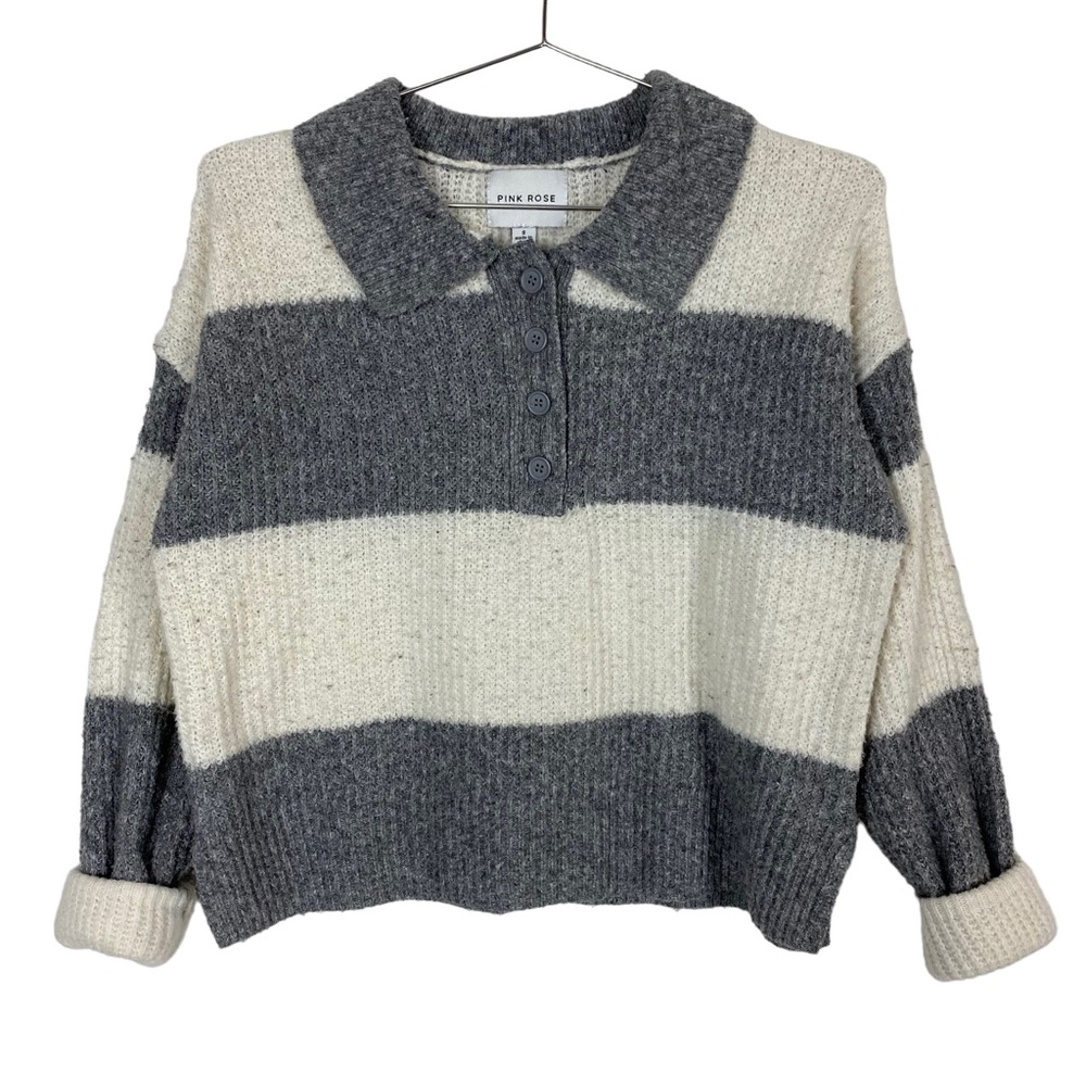 Pink Rose Gray & White Ribbed Collared Sweater